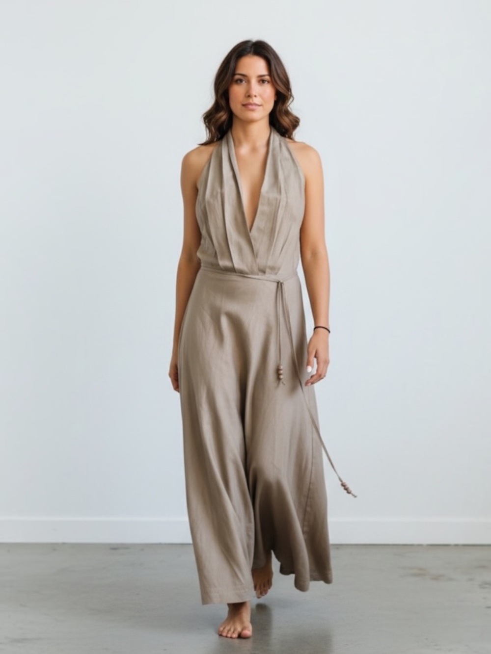 ZARA Draped Halter Maxi Dress Taupe Brown Open Back Size S